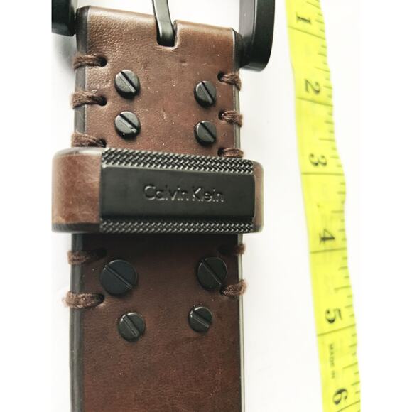 Calvin Klein Brown Leather Belt Black Square Buckle Size 32 Z22 - Picture 5 of 8
